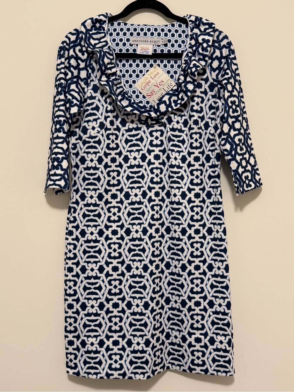 Gretchen Scott NWT Small Navy Ruffled 3/4 Sleeve Jersey Dress Classic Preppy